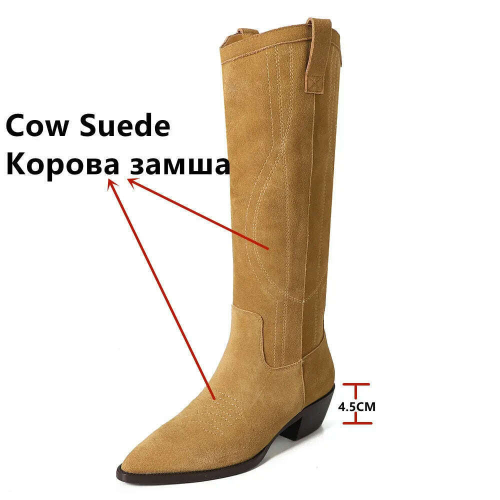 KIMLUD, FEDONAS Popular Western Women Knee-High Boots Cow Suede Leather High Quality Shoes Woman Pointed Toe Office Lady Autumn Winter, KIMLUD Womens Clothes