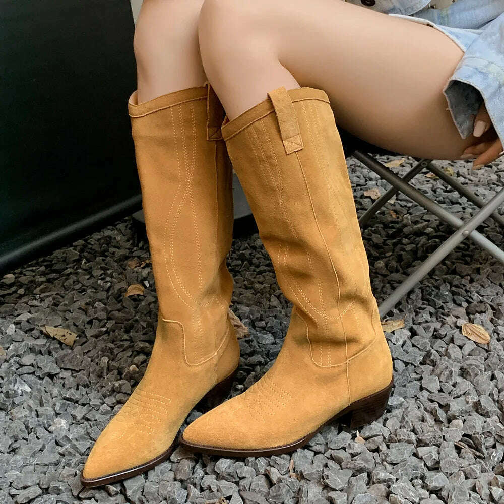 KIMLUD, FEDONAS Popular Western Women Knee-High Boots Cow Suede Leather High Quality Shoes Woman Pointed Toe Office Lady Autumn Winter, KIMLUD Womens Clothes