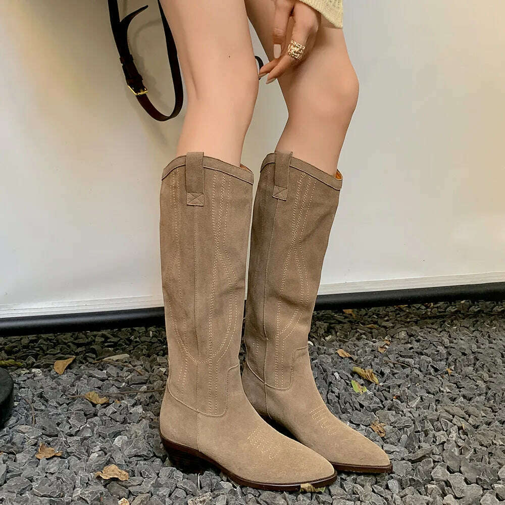 KIMLUD, FEDONAS Popular Western Women Knee-High Boots Cow Suede Leather High Quality Shoes Woman Pointed Toe Office Lady Autumn Winter, KIMLUD Womens Clothes