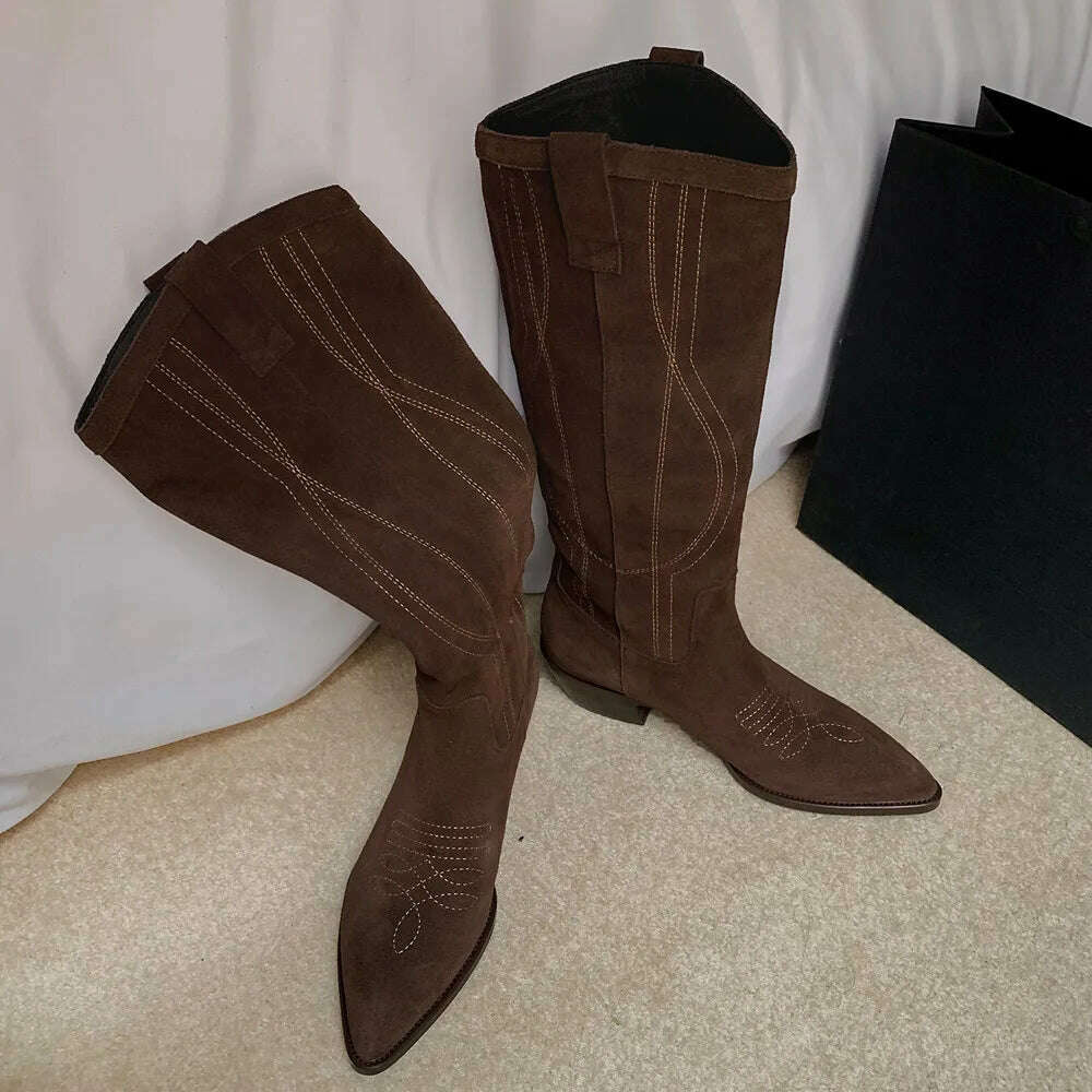 KIMLUD, FEDONAS Popular Western Women Knee-High Boots Cow Suede Leather High Quality Shoes Woman Pointed Toe Office Lady Autumn Winter, coffeeD / 3, KIMLUD APPAREL - Womens Clothes