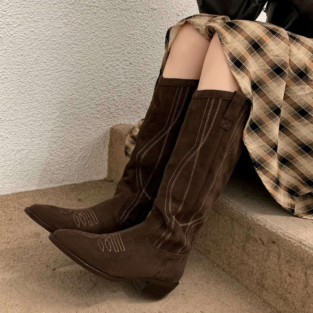 KIMLUD, FEDONAS Popular Western Women Knee-High Boots Cow Suede Leather High Quality Shoes Woman Pointed Toe Office Lady Autumn Winter, KIMLUD Womens Clothes