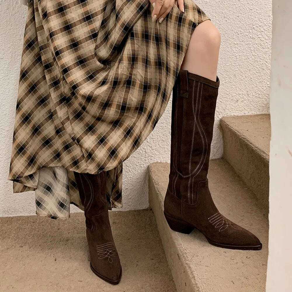 KIMLUD, FEDONAS Popular Western Women Knee-High Boots Cow Suede Leather High Quality Shoes Woman Pointed Toe Office Lady Autumn Winter, KIMLUD Womens Clothes