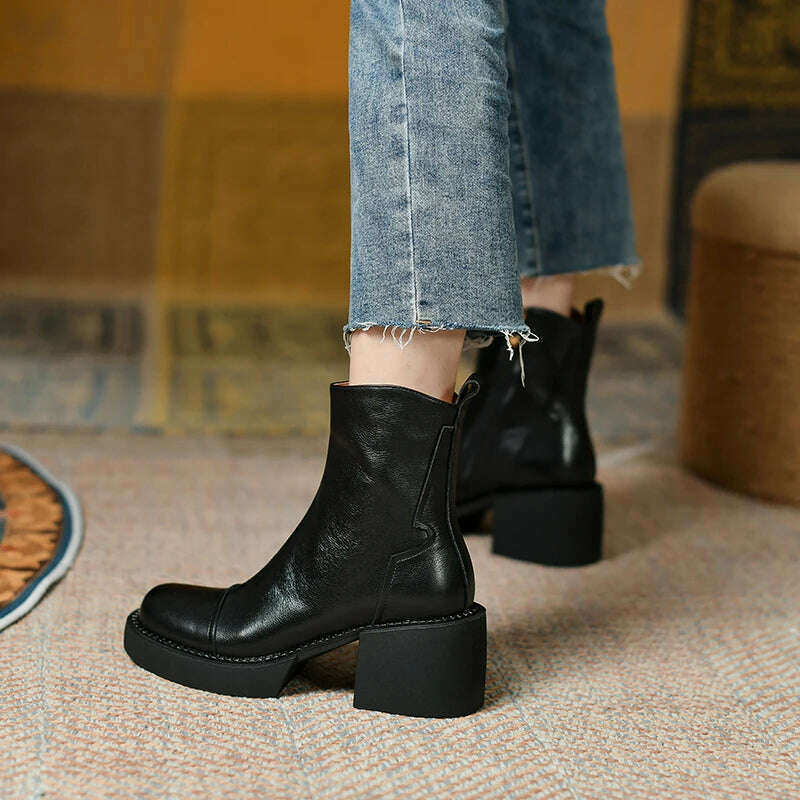 KIMLUD, FEDONAS Retro Mature Female Concise Women Ankle Boots Genuine Leather Thick Heels Autumn Winter Side Zipper Office Shoes Woman, KIMLUD Womens Clothes