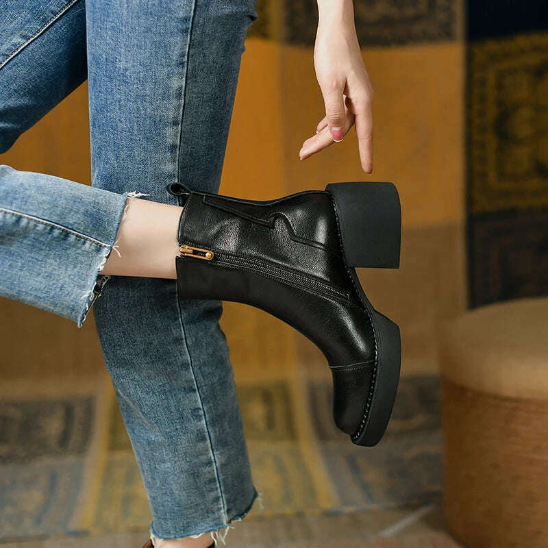 FEDONAS Retro Mature Female Concise Women Ankle Boots Genuine Leather Thick Heels Autumn Winter Side Zipper Office Shoes Woman - KIMLUD