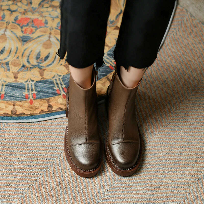 FEDONAS Retro Mature Female Concise Women Ankle Boots Genuine Leather Thick Heels Autumn Winter Side Zipper Office Shoes Woman - KIMLUD