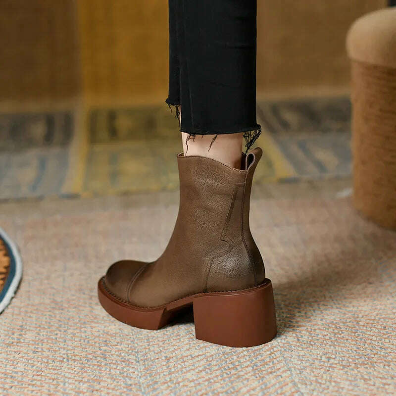 KIMLUD, FEDONAS Retro Mature Female Concise Women Ankle Boots Genuine Leather Thick Heels Autumn Winter Side Zipper Office Shoes Woman, KIMLUD Womens Clothes