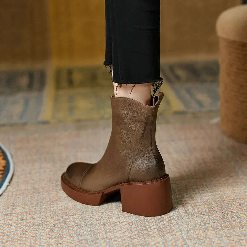 FEDONAS Retro Mature Female Concise Women Ankle Boots Genuine Leather Thick Heels Autumn Winter Side Zipper Office Shoes Woman - KIMLUD