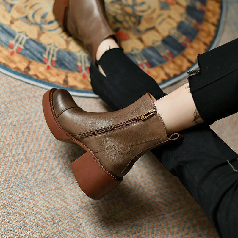 FEDONAS Retro Mature Female Concise Women Ankle Boots Genuine Leather Thick Heels Autumn Winter Side Zipper Office Shoes Woman - KIMLUD