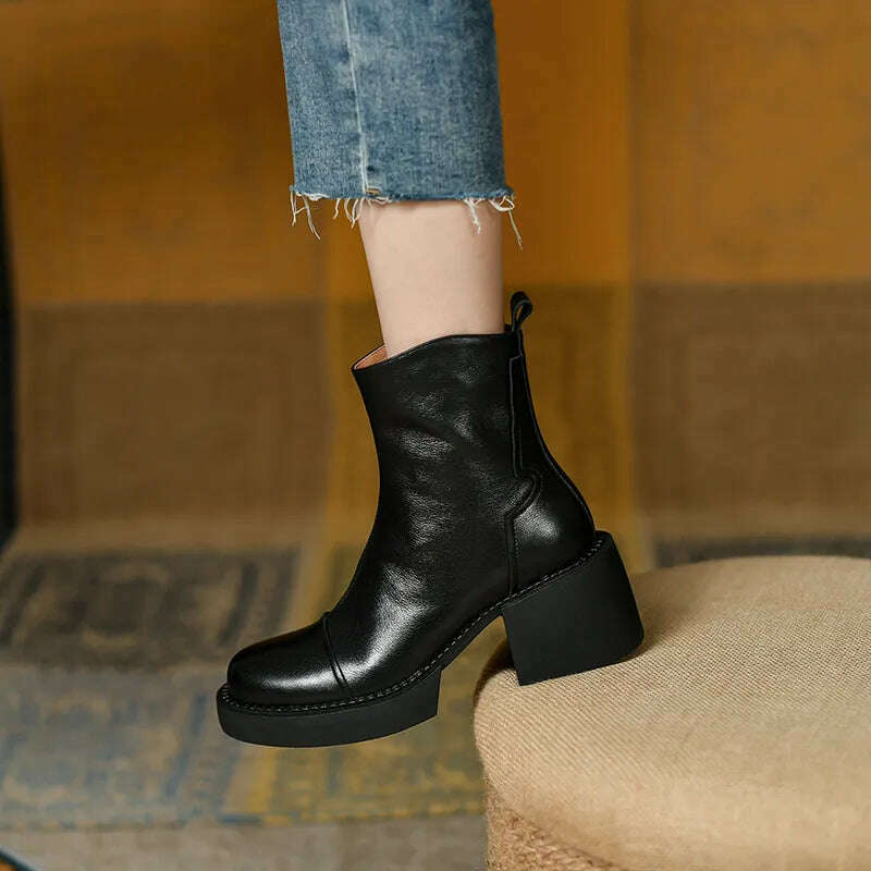 FEDONAS Retro Mature Female Concise Women Ankle Boots Genuine Leather Thick Heels Autumn Winter Side Zipper Office Shoes Woman - KIMLUD