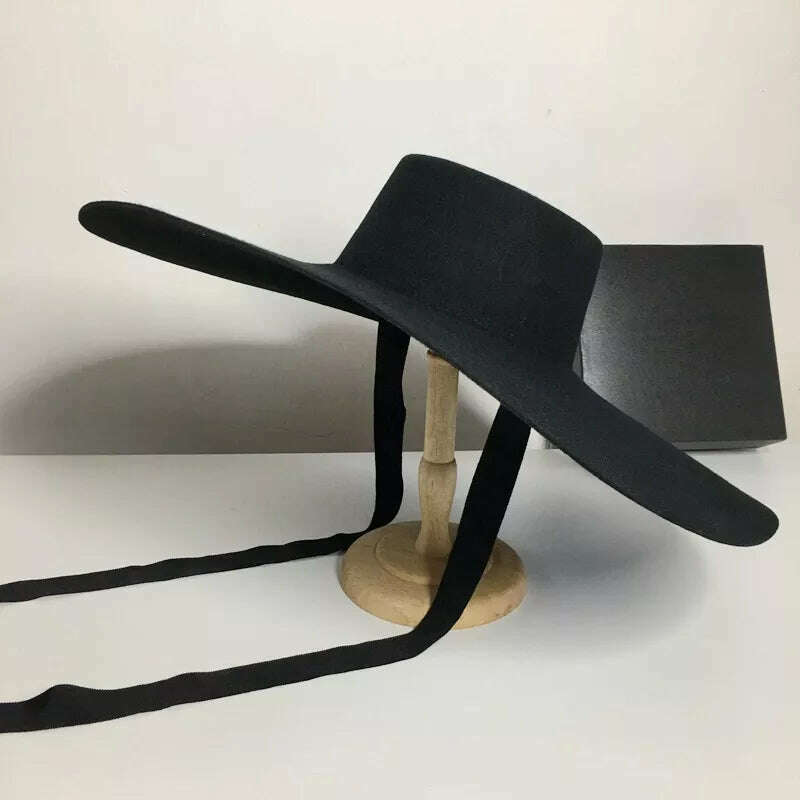 KIMLUD, Fedora Hats For Women Autumn Winter High Top Jazz Black 100% Wool Top Hat Flat Top Big Wide Brim Cap Female Windproof New 2021, KIMLUD Women's Clothes
