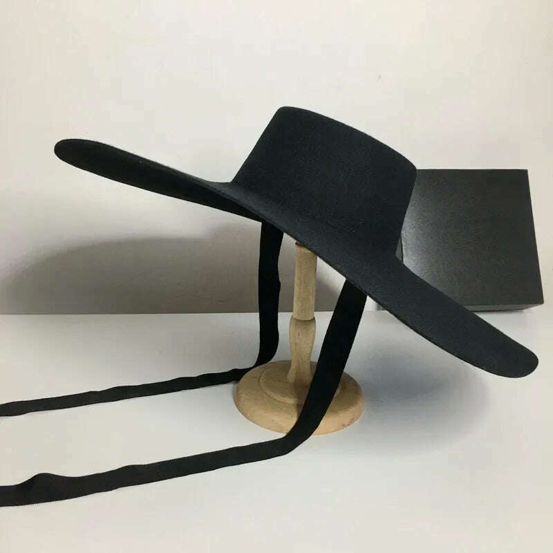 KIMLUD, Fedora Hats For Women Autumn Winter High Top Jazz Black 100% Wool Top Hat Flat Top Big Wide Brim Cap Female Windproof New 2021, Black / 56-58cm, KIMLUD Womens Clothes