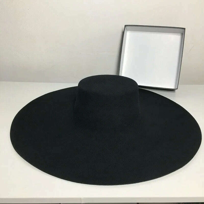 KIMLUD, Fedora Hats For Women Autumn Winter High Top Jazz Black 100% Wool Top Hat Flat Top Big Wide Brim Cap Female Windproof New 2021, KIMLUD Womens Clothes