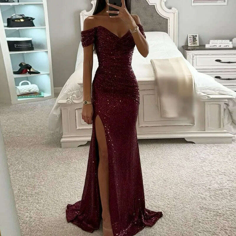 KIMLUD, Female Backless Bodycon Long Cocktails Dress Elegant Slash Neck Glitter Evening Dresses Sexy Sequin High Slit Draped Party Dress, 01 Wine Red / S, KIMLUD APPAREL - Womens Clothes