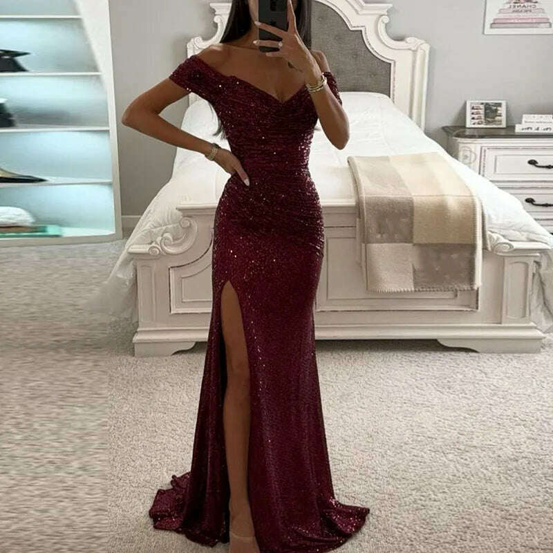 KIMLUD, Female Backless Bodycon Long Cocktails Dress Elegant Slash Neck Glitter Evening Dresses Sexy Sequin High Slit Draped Party Dress, KIMLUD Womens Clothes