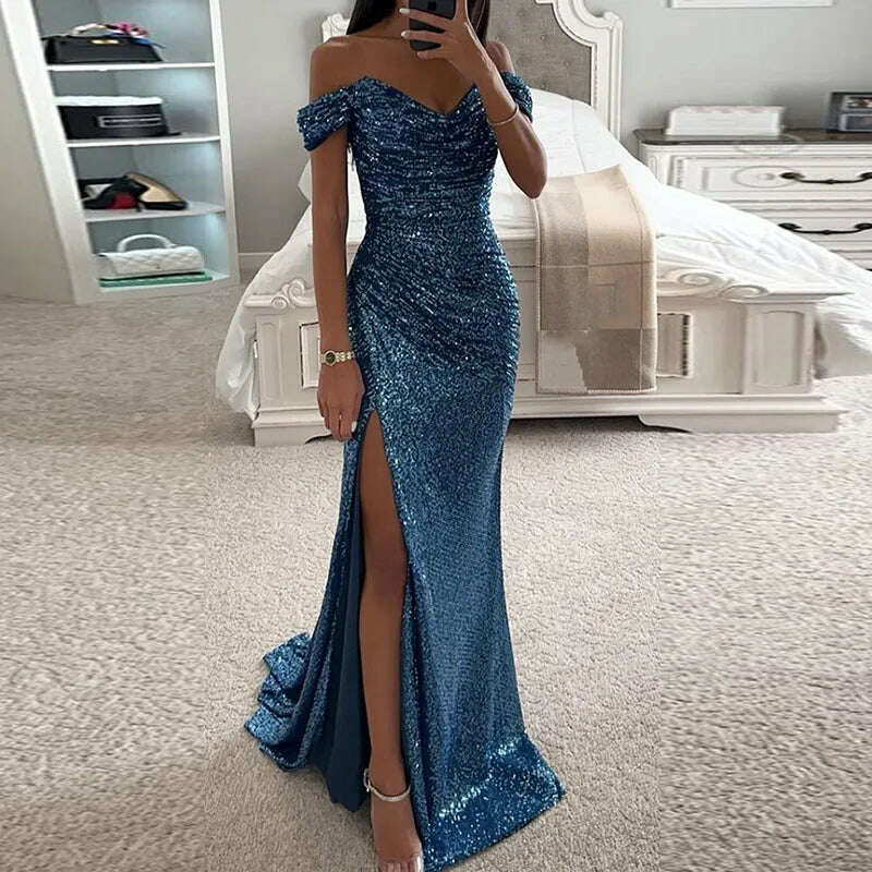 KIMLUD, Female Backless Bodycon Long Cocktails Dress Elegant Slash Neck Glitter Evening Dresses Sexy Sequin High Slit Draped Party Dress, 04 Blue / S, KIMLUD APPAREL - Womens Clothes