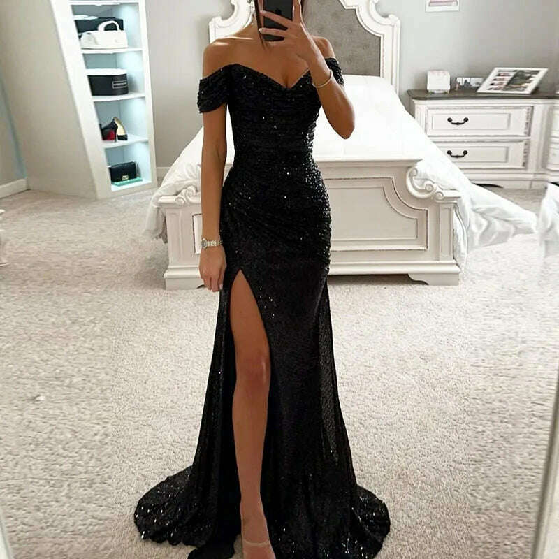 KIMLUD, Female Backless Bodycon Long Cocktails Dress Elegant Slash Neck Glitter Evening Dresses Sexy Sequin High Slit Draped Party Dress, 02 Black / S, KIMLUD APPAREL - Womens Clothes