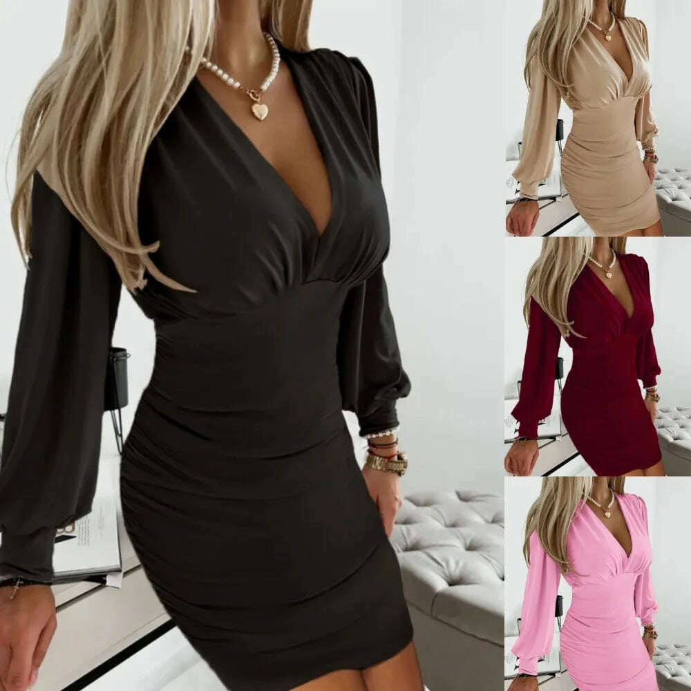 Female Fashion Deep v-neck Bodycon Dress 2023 autumn Women Clothing Temperament long Sleeve Ruched Elegant Skinny Mini Dresses - KIMLUD