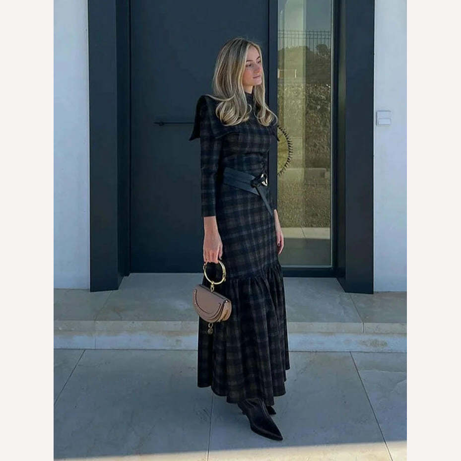 KIMLUD, Female Fashion Plaid Lapel Collar Maxi Dresses Elegant Pleated Long Sleeve Slim Dress 2023 Autumn Winter Commuting Vestidos, KIMLUD Womens Clothes