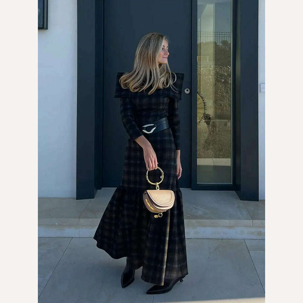 KIMLUD, Female Fashion Plaid Lapel Collar Maxi Dresses Elegant Pleated Long Sleeve Slim Dress 2023 Autumn Winter Commuting Vestidos, KIMLUD Womens Clothes