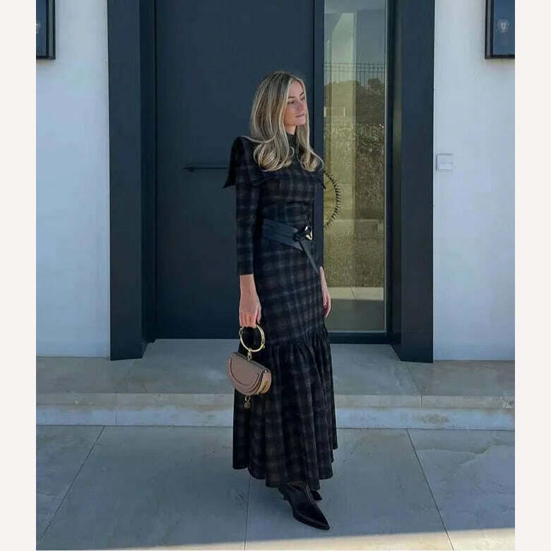 KIMLUD, Female Fashion Plaid Lapel Collar Maxi Dresses Elegant Pleated Long Sleeve Slim Dress 2023 Autumn Winter Commuting Vestidos, KIMLUD Womens Clothes