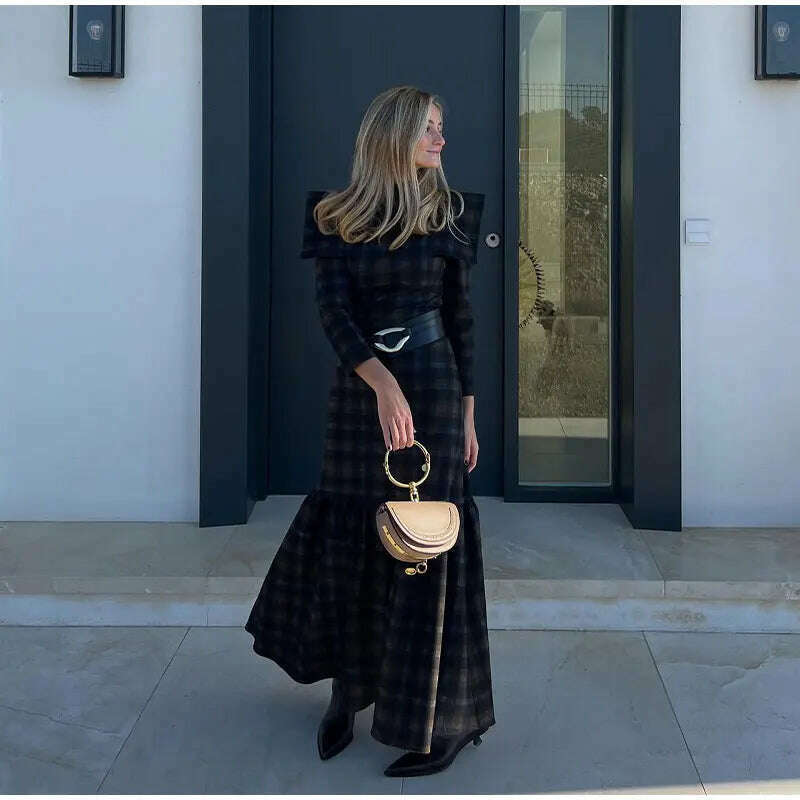 KIMLUD, Female Fashion Plaid Lapel Collar Maxi Dresses Elegant Pleated Long Sleeve Slim Dress 2023 Autumn Winter Commuting Vestidos, KIMLUD Women's Clothes