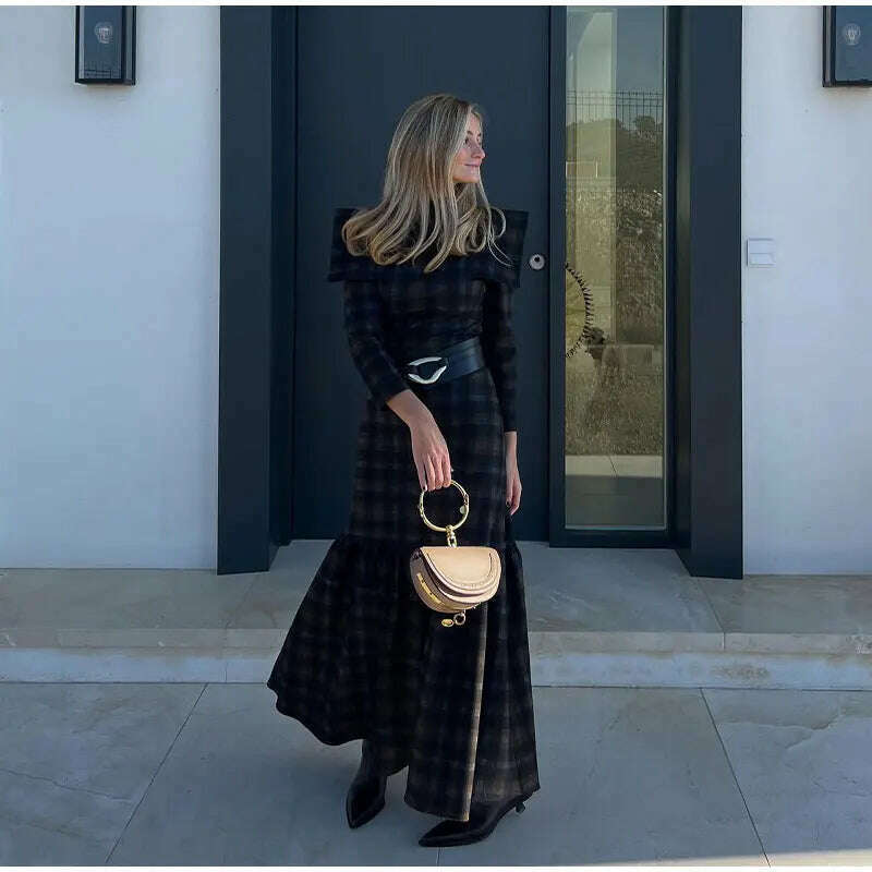 KIMLUD, Female Fashion Plaid Lapel Collar Maxi Dresses Elegant Pleated Long Sleeve Slim Dress 2023 Autumn Winter Commuting Vestidos, KIMLUD Womens Clothes