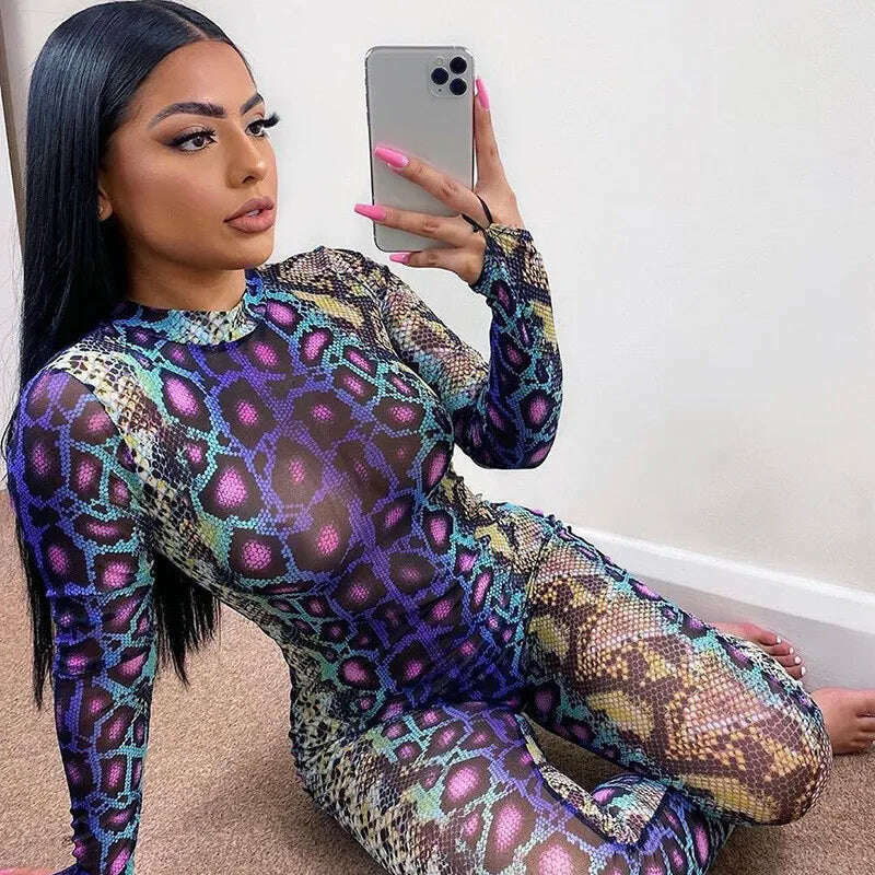 KIMLUD, Female Jumpsuit Women Serpentine Print Round Neck Long Sleeve Jumpsuit Bodysuit Bodycon Jumpsuit Skinny Jumpsuit Streetwear hot, S, KIMLUD Womens Clothes