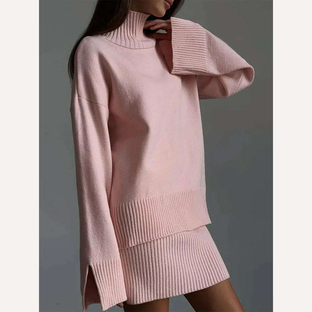 KIMLUD, Female Pink Wrap Hip Knitted Mini Skirts 2 Piece Set Turtleneck Long Sleeve Sweater Skirt Suits Autumn Ladies Commuting Outfits, pink / S, KIMLUD APPAREL - Womens Clothes