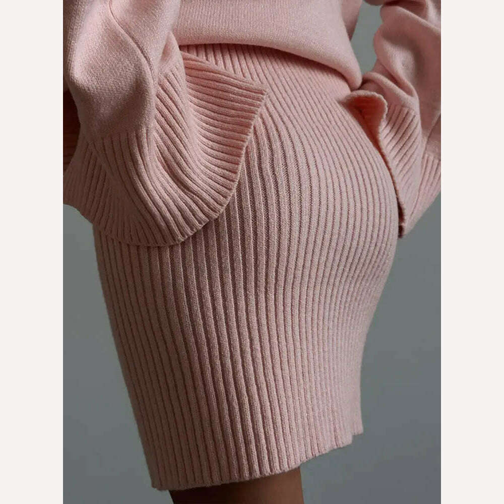 KIMLUD, Female Pink Wrap Hip Knitted Mini Skirts 2 Piece Set Turtleneck Long Sleeve Sweater Skirt Suits Autumn Ladies Commuting Outfits, KIMLUD Womens Clothes