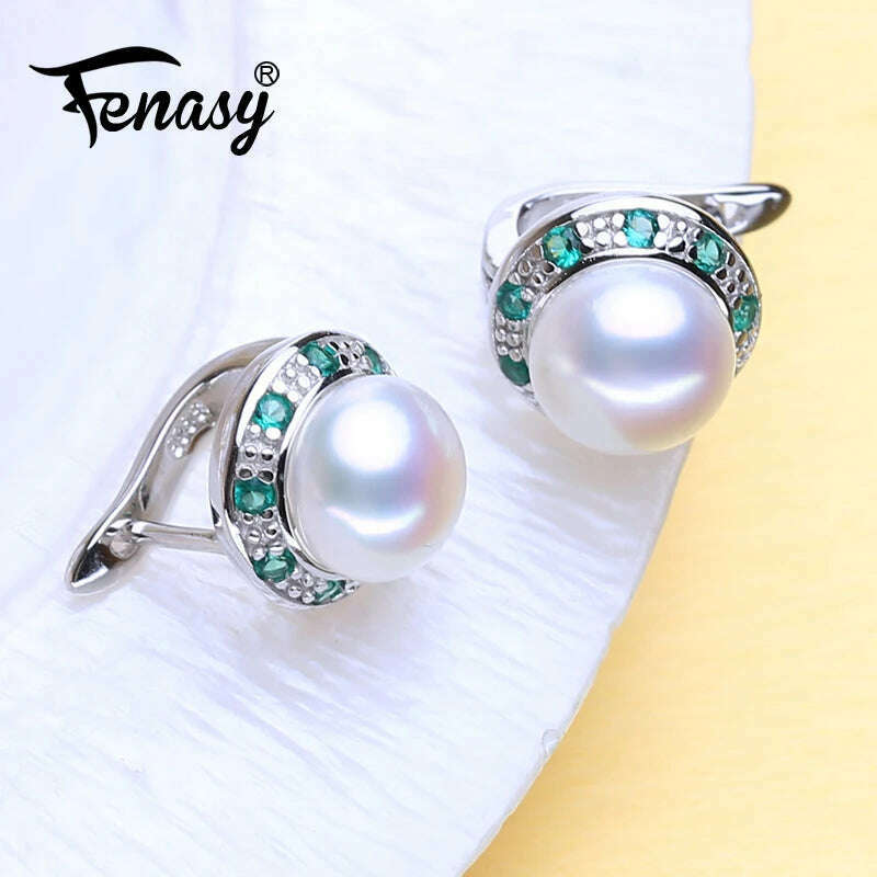KIMLUD, FENASY 925 Sterling Silver Natural Freshwater Pearl Earrings Green Crystal Boho Stud Earrings For Women Emerald Wedding  Jewelry, KIMLUD Womens Clothes