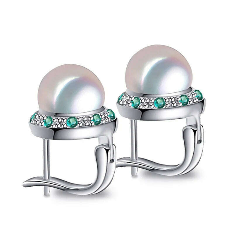 KIMLUD, FENASY 925 Sterling Silver Natural Freshwater Pearl Earrings Green Crystal Boho Stud Earrings For Women Emerald Wedding  Jewelry, A, KIMLUD Womens Clothes