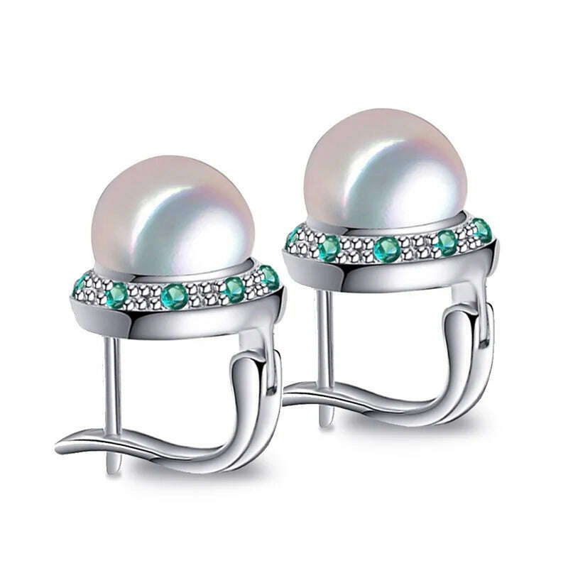 KIMLUD, FENASY 925 Sterling Silver Natural Freshwater Pearl Earrings Green Crystal Boho Stud Earrings For Women Emerald Wedding  Jewelry, A, KIMLUD APPAREL - Womens Clothes