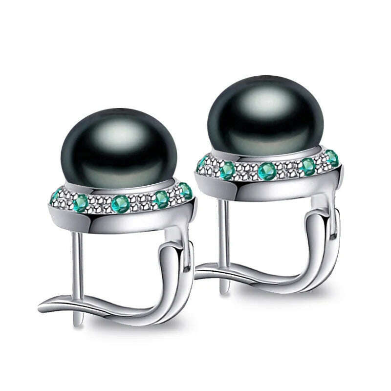KIMLUD, FENASY 925 Sterling Silver Natural Freshwater Pearl Earrings Green Crystal Boho Stud Earrings For Women Emerald Wedding  Jewelry, B, KIMLUD APPAREL - Womens Clothes