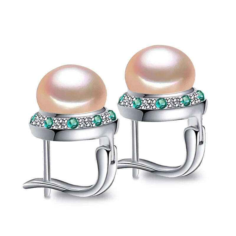 KIMLUD, FENASY 925 Sterling Silver Natural Freshwater Pearl Earrings Green Crystal Boho Stud Earrings For Women Emerald Wedding  Jewelry, C, KIMLUD APPAREL - Womens Clothes