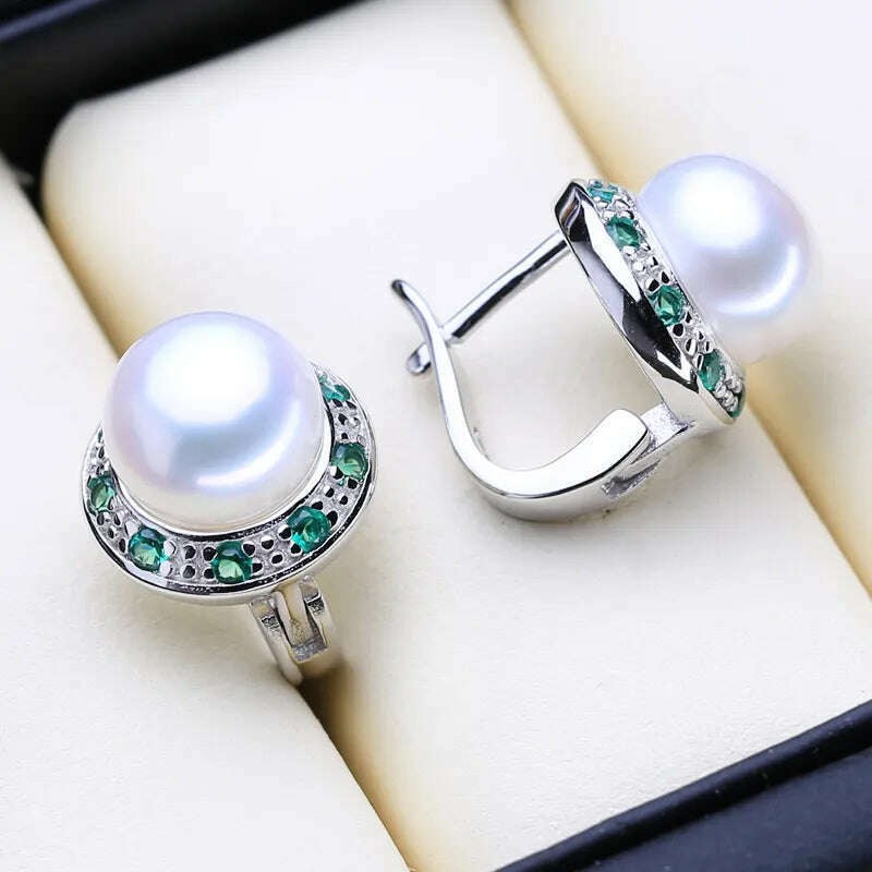 KIMLUD, FENASY 925 Sterling Silver Natural Freshwater Pearl Earrings Green Crystal Boho Stud Earrings For Women Emerald Wedding  Jewelry, KIMLUD Womens Clothes