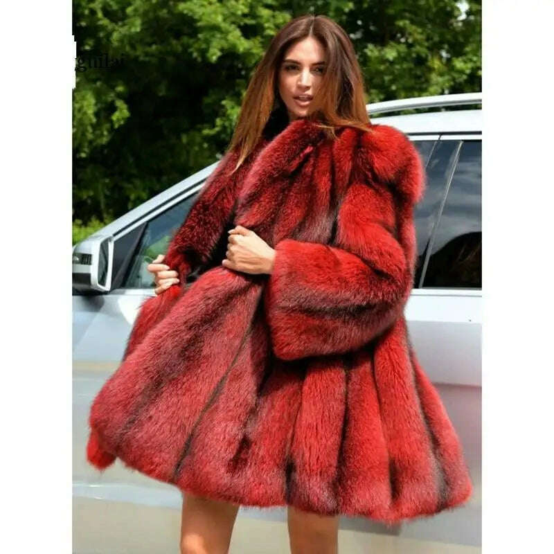 Fengguilai Winter fake Fox Fur Coat Women Whole Skin Genuine Fox Fur Female Jacket With Long Turn-down Collar Luxury Fur Coat, KIMLUD Women's Clothes
