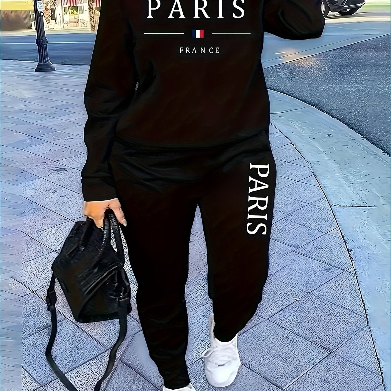 Plus Size Casual Alphabet Print Sweatsuit Set - Polyester 100% Crew Neck Long Sleeve Jogger and Sweatshirt Co-ord for Hiking & Outdoor - Knit Fabric with Slight Stretch