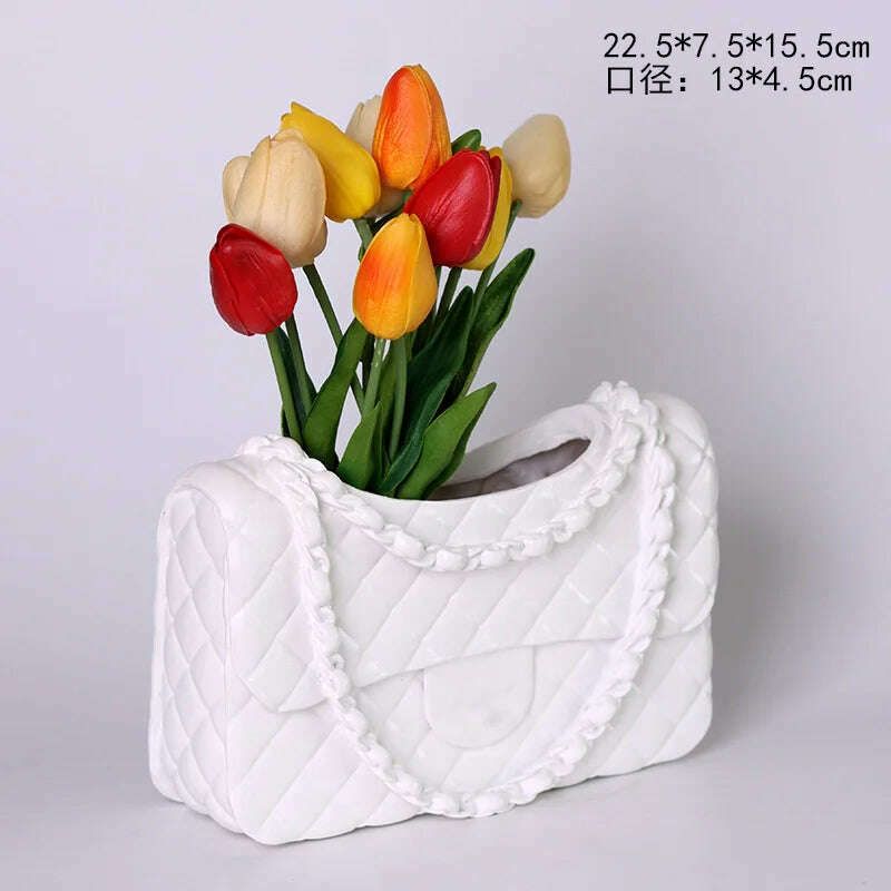 KIMLUD, Flap Handbag Purse Vase Resin Bags Flower Pot Ceramic Bag Shaped Flower Pot Flower Container Living Room Deocr, White, KIMLUD APPAREL - Womens Clothes