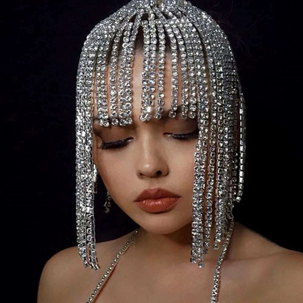Flash Tassel Rhinestone Cap Headpiece Crystal Head Chain Jewelry Belly Party Dance Wedding 1920s Hair Accessories for Women Gift - KIMLUD