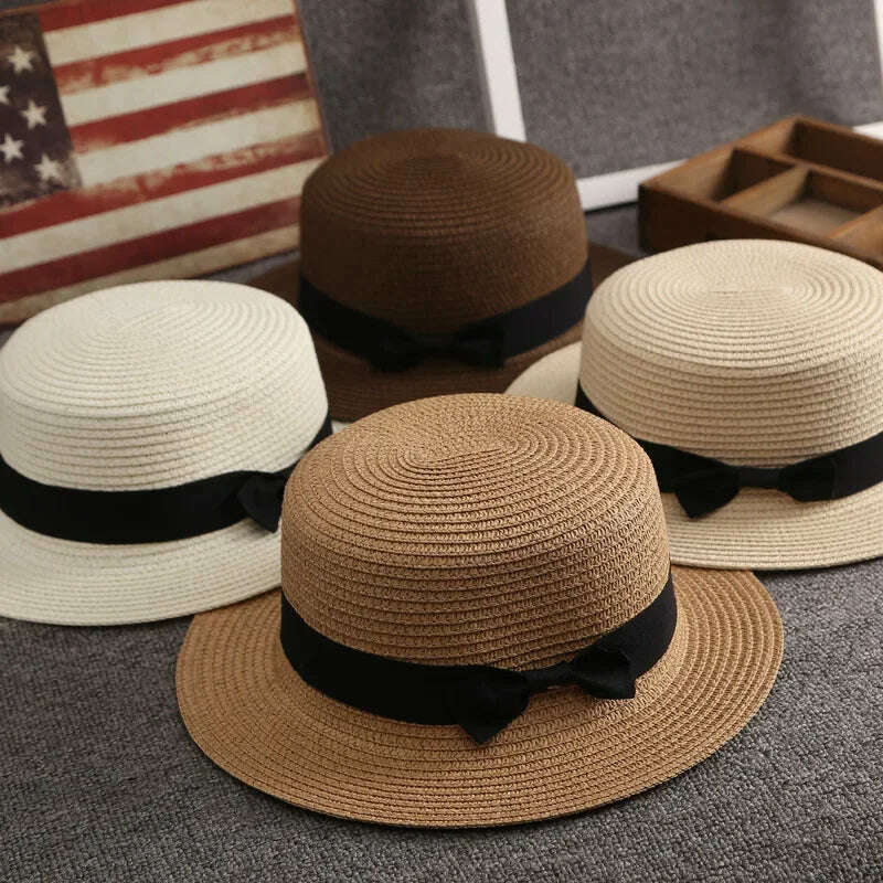 Flat Hat Women's Summer Vacation Beach Panama Straw Hat, French Beach Hat, Straw Woven Sun Shading and Sun Protection Gift Hat - KIMLUD