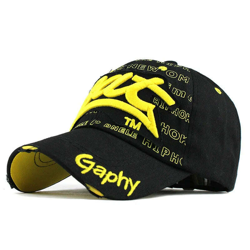 KIMLUD, [FLB] Wholesale Snapback Hats Baseball Cap Hats Hip Hop Fitted Cheap Hats For Men Women Gorras Curved Brim Hats Damage Cap F248, F248 Black Yellow, KIMLUD APPAREL - Womens Clothes