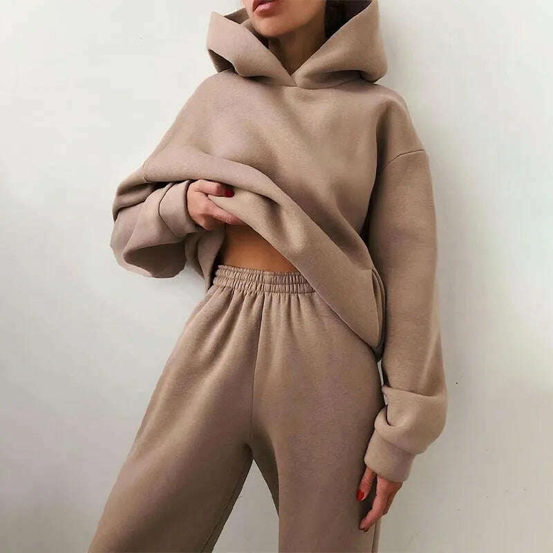 KIMLUD, Fleece-lined Tracksuits Women Casual Hoodies Sweatpants Solid Warm Suits Autumn Winter Pullover Sweatshirts Pants 2 Piece Set, KIMLUD Womens Clothes