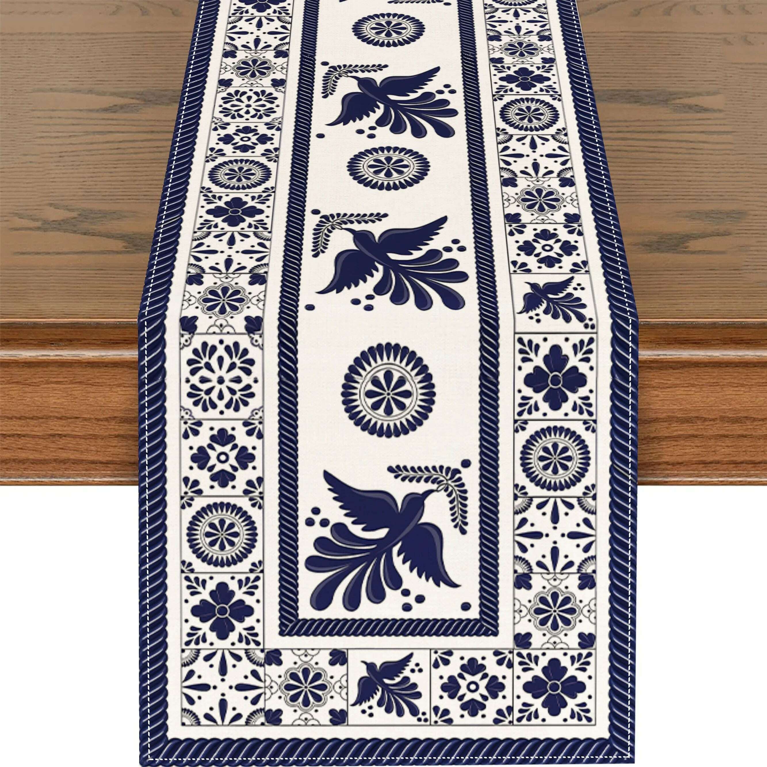 KIMLUD, Floral Bird Mexican Linen Table Runners Blue Patchwork Tiles Dresser Scarf Table Decor Holiday Wedding Party Dining Table Decor, 01 / 150x33cm 59x13inch, KIMLUD Womens Clothes