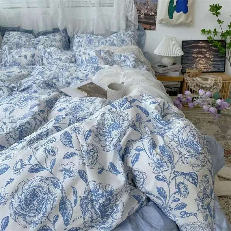 Floral Blue Bedding Set No Filler Ins Style Duvet Cover Pillowcase Flat Sheet Single Twin Queen Size Boys Girls Bed Linens - KIMLUD