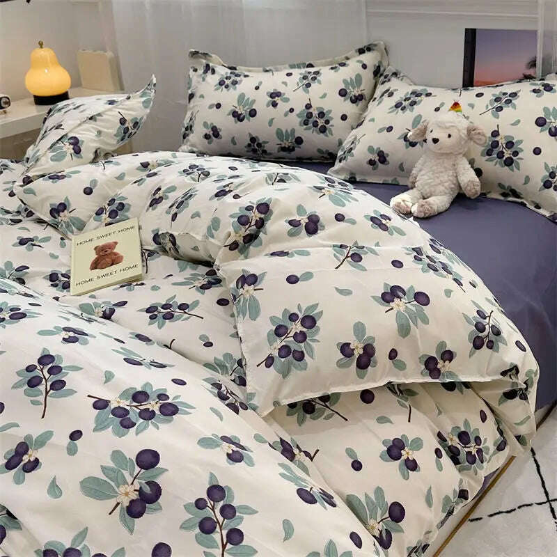 Floral Blue Bedding Set No Filler Ins Style Duvet Cover Pillowcase Flat Sheet Single Twin Queen Size Boys Girls Bed Linens - KIMLUD