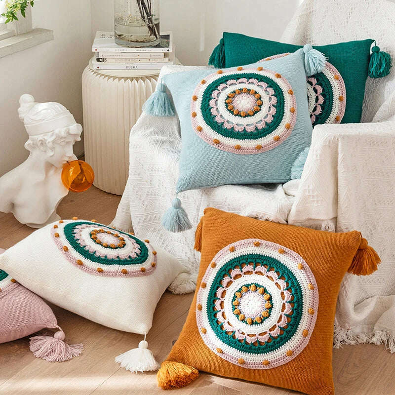 KIMLUD, Floral Cuhion Cover 45x45cm Pillow Cove Pink Cream Yellow Green Tassels Acrylic Knit Home decoration Pillow Case  For sofa Bed, KIMLUD Womens Clothes