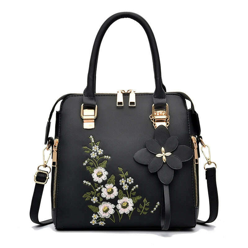 KIMLUD, Floral Detail Shoulder Bag, Trendy Zipper Handbag For Work, Casual Crossbody Bag, Women's Floral Decor Purse, KIMLUD Women's Clothes