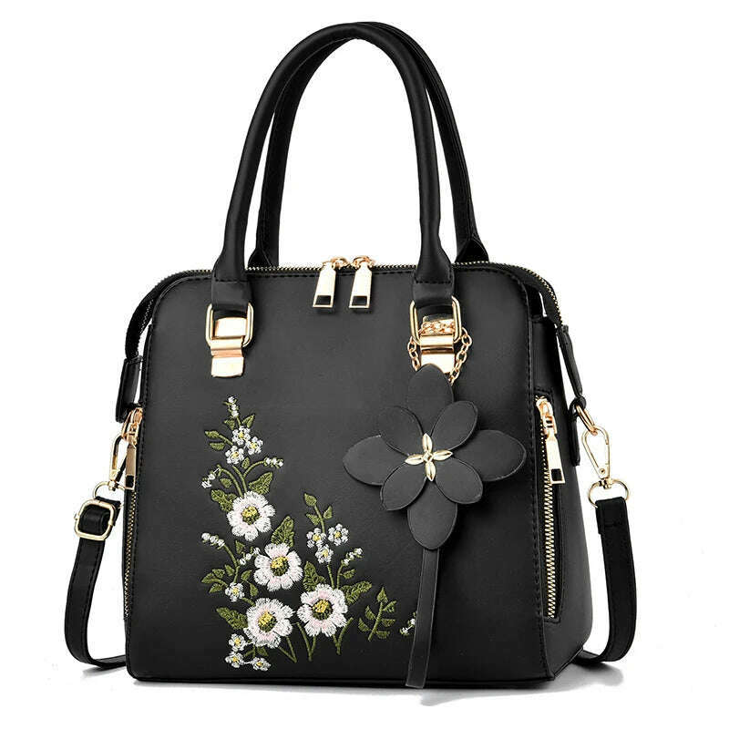 KIMLUD, Floral Detail Shoulder Bag, Trendy Zipper Handbag For Work, Casual Crossbody Bag, Women's Floral Decor Purse, black, KIMLUD Women's Clothes