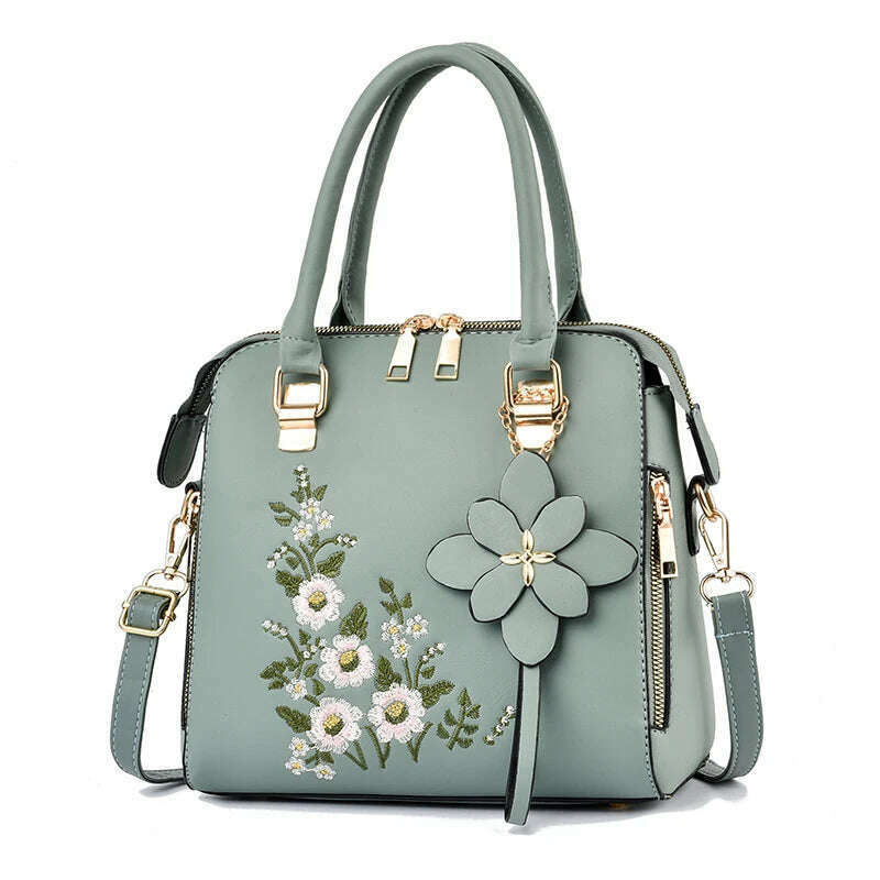 KIMLUD, Floral Detail Shoulder Bag, Trendy Zipper Handbag For Work, Casual Crossbody Bag, Women's Floral Decor Purse, green, KIMLUD Women's Clothes