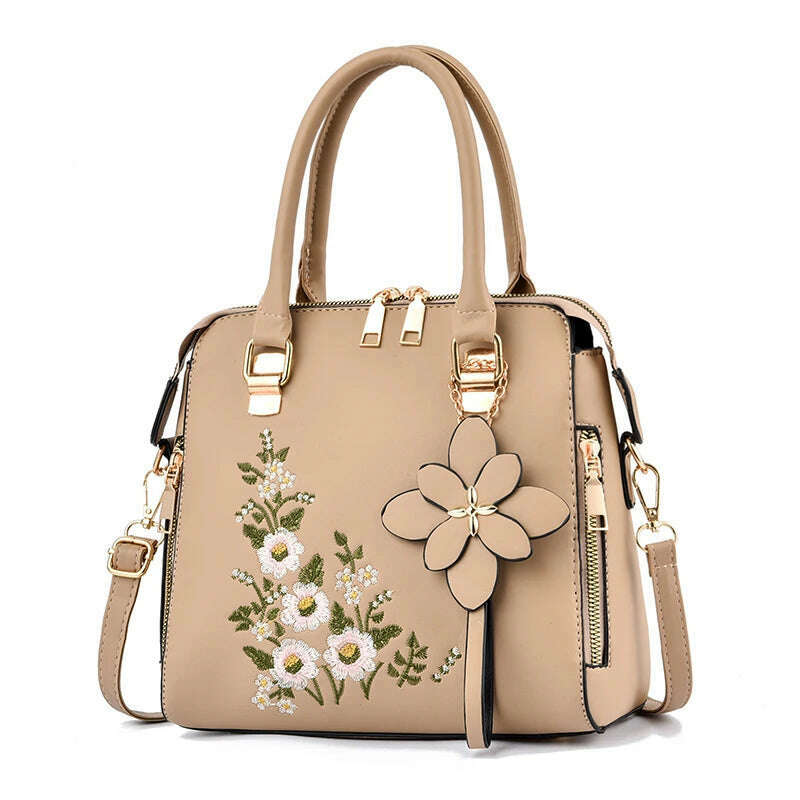 KIMLUD, Floral Detail Shoulder Bag, Trendy Zipper Handbag For Work, Casual Crossbody Bag, Women's Floral Decor Purse, Khaki, KIMLUD Women's Clothes
